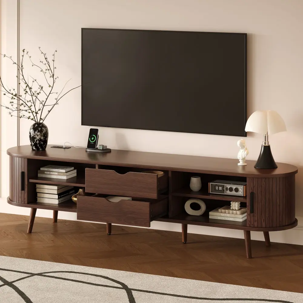 TV Stand 70" TV, Console Tambour Doors, Drawers And Built Power Outlet - Rich Brown