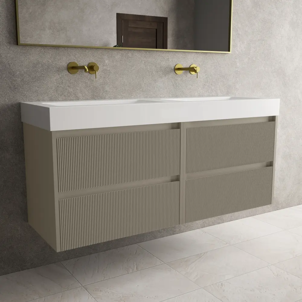 Scanalato Four Drawer Vanity Unit Beyondstone BLOC Duplicate Basin - Soft Taupe 1400mm