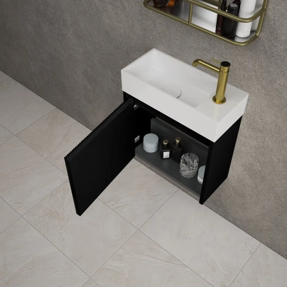 Scanalato Single Door Vanity Unit Beyondstone Basin - Pure Jet-black 450mm