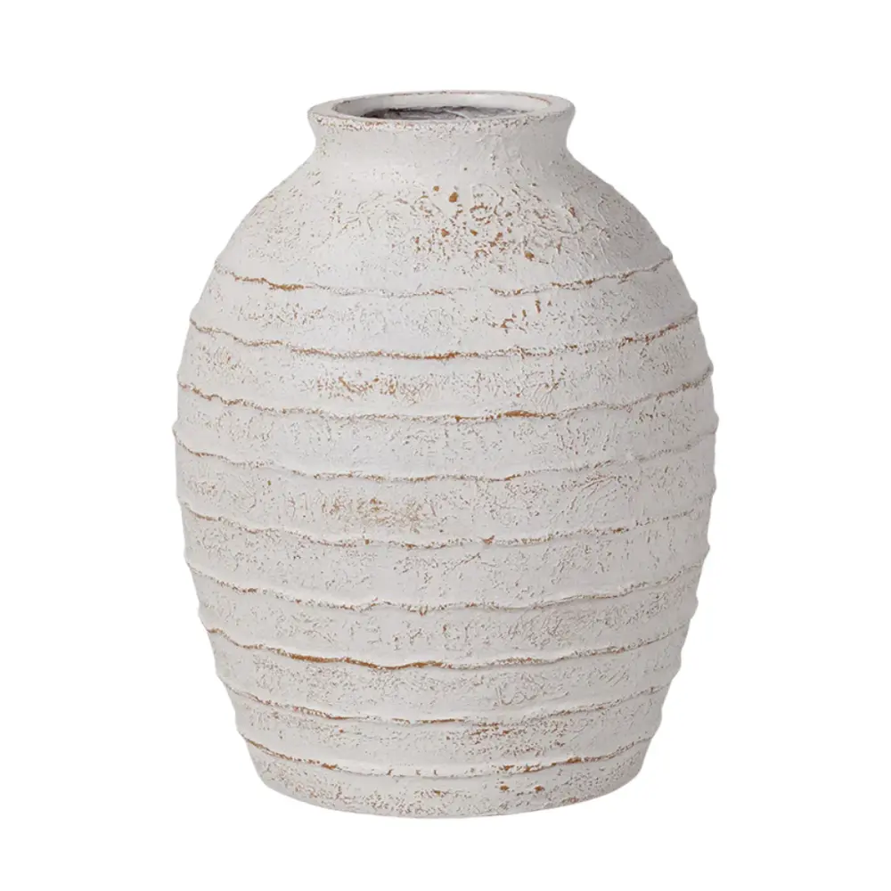 Large Decorative Ribbed Vase Big - White Wash Fibrestone