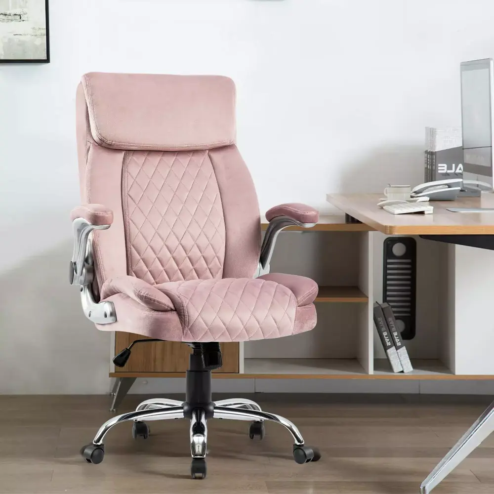 Ergonomic Velvet Executive Office Chair. Pink Swivel Desk Chair Adjustable Height. Tilt. and Flip-up Armrests. 360° Silen...