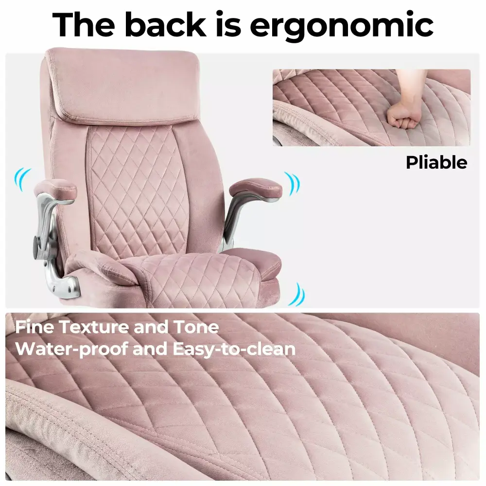 Ergonomic Velvet Executive Office Chair. Pink Swivel Desk Chair Adjustable Height. Tilt. and Flip-up Armrests. 360° Silen...