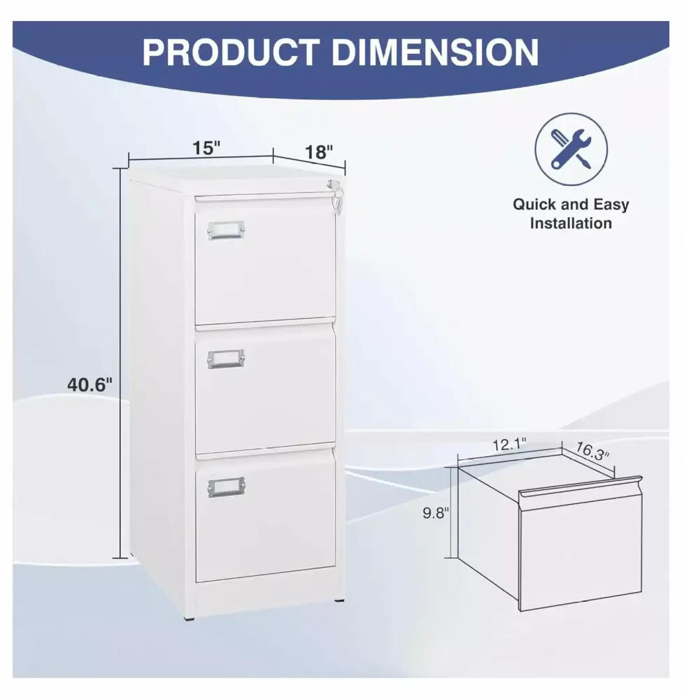 3 Drawer File Cabinet Lock - 18 Deep Metal Filing Cabinet A4/Letter/Legal Files - Assembly Required