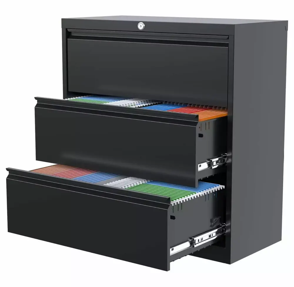 Jadona 3 Drawer Vertical File Cabinet 35.55In Wide Metal Filing Cabinet Lock Home Office