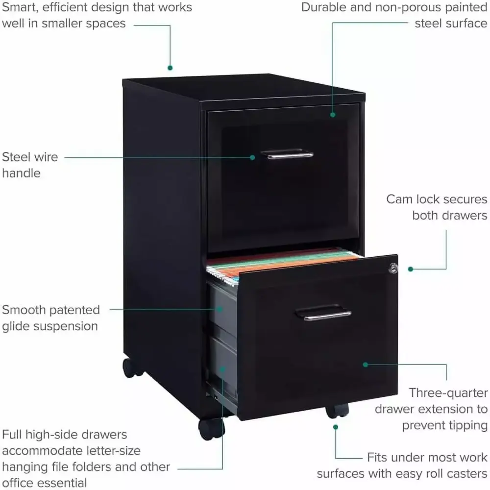 18 Inch 2 Drawer Modern Metal Mobile Vertical File Cabinet Black Office Home Storage jiangwu112233