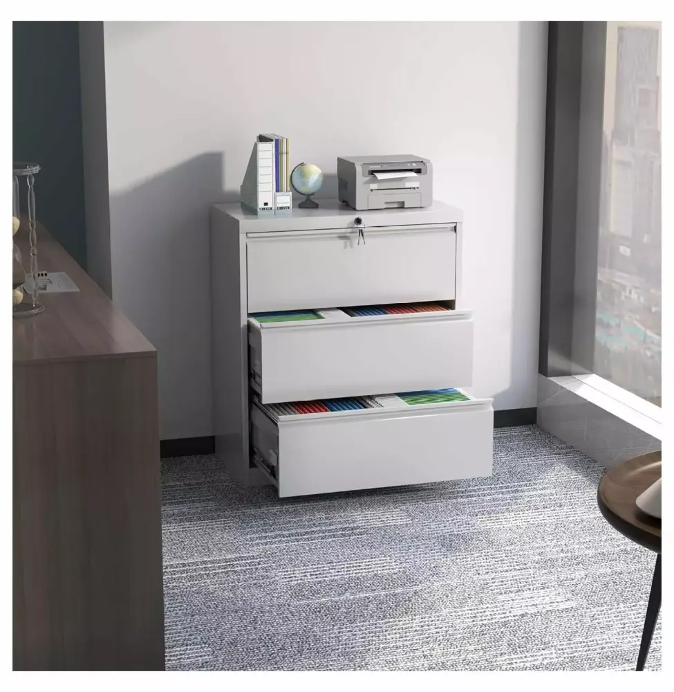 White 3 Drawer Vertical File Cabinet Wide Metal Filing Cabinet Lock OHHA