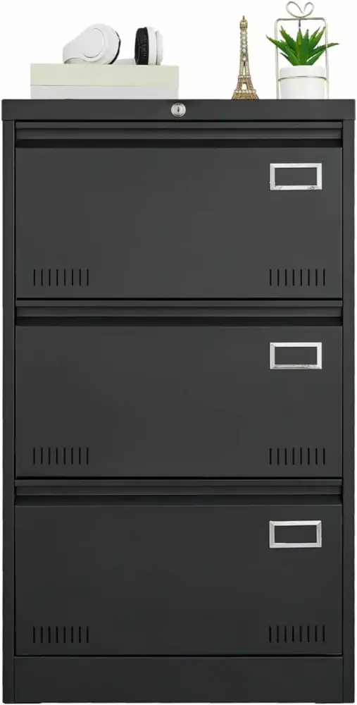 3 Drawer Filing Cabinet Lock Anti-Tip Metal Office Storage Home Office Legal Letter A4 F4 Black SEALODY