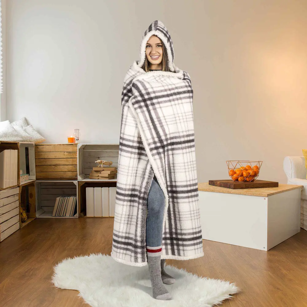 Reversible Sherpa Hooded Throw Blanket, 48" x 65" (Grey Plaid)