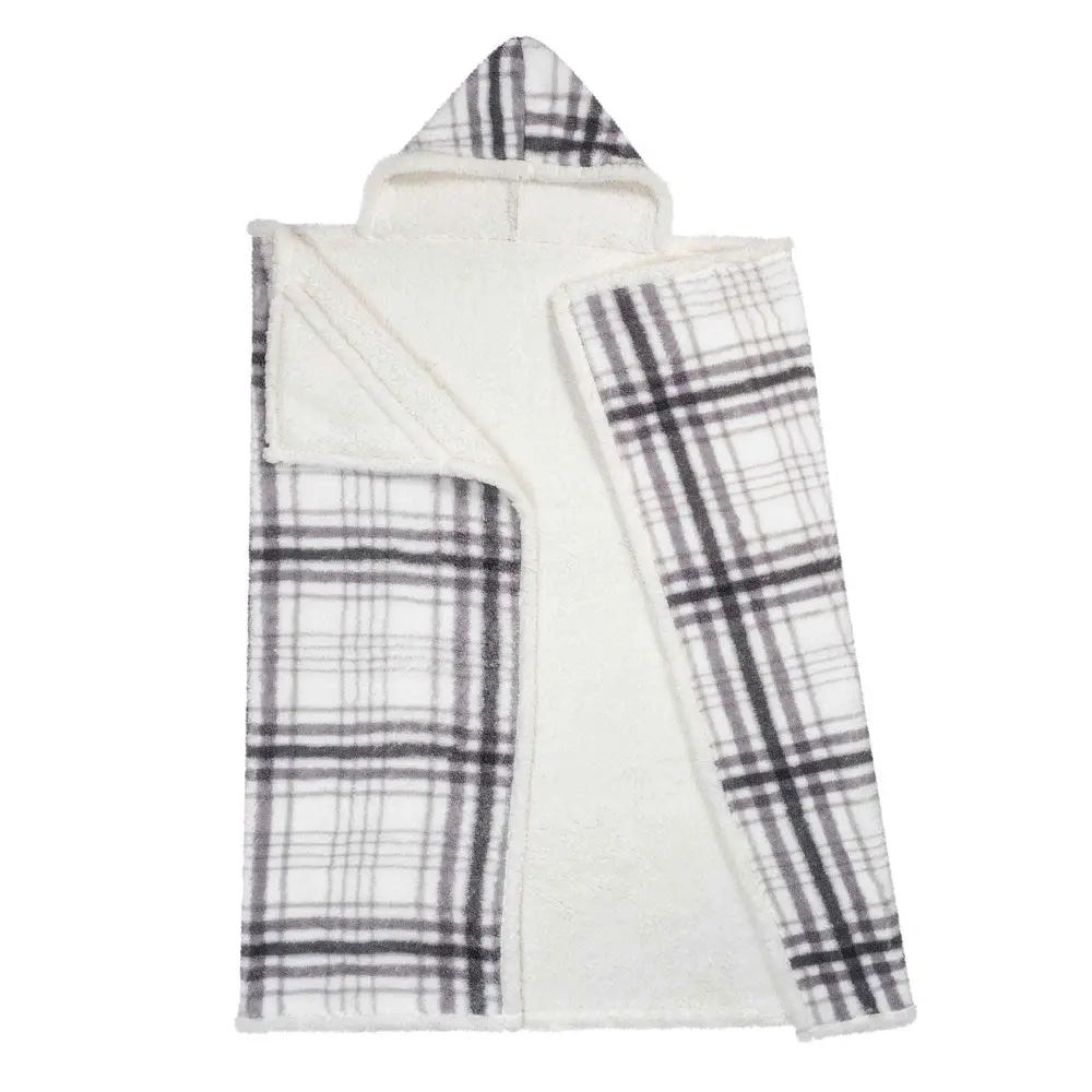 Reversible Sherpa Hooded Throw Blanket, 48" x 65" (Grey Plaid)