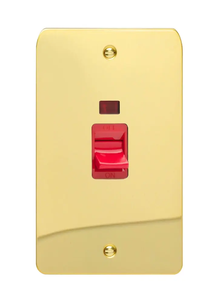 Varilight 45A Cooker Switch + Neon (Vertical Twin Plate, Red Rocker) Shiny Brass XFV45N