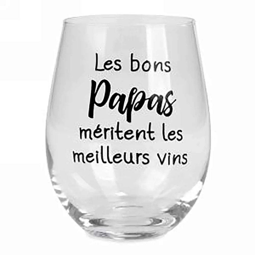 Stemless Wine Glass Onyx Inscription "Les bons Papas…", 3.5" x 5"
