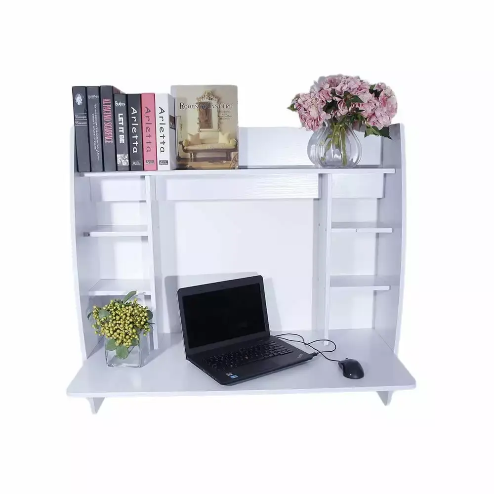 UBesGoo Wall Mounted Floating Desk Storage Compartments White Office Computer Table