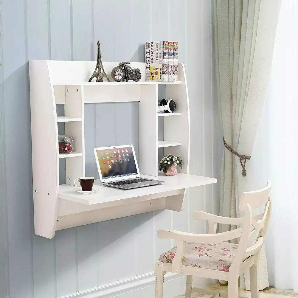 UBesGoo White Floating Wall Mounted Computer Desk Storage Shelf PC Laptop