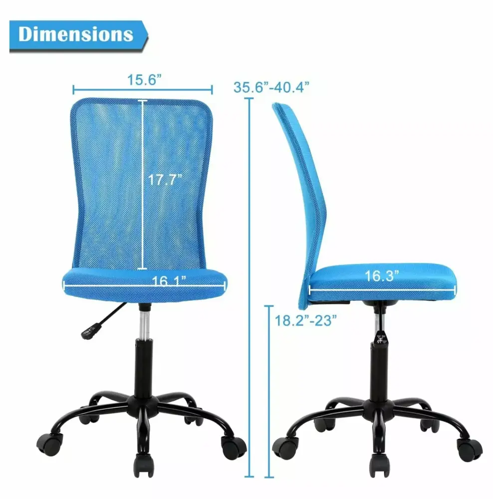 Drevy Cute Adjustable Armless Ergonomic Office Chair Mesh Back Soft Seat Swivel Rolling Task Chair Blue