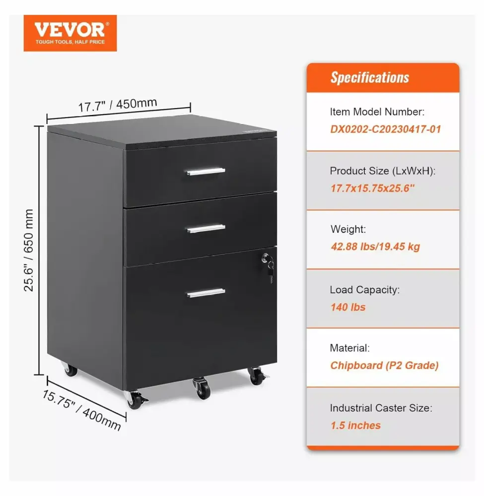 3-Drawer Wood Filing Cabinet Locking Office Cabinet 5 Wheels