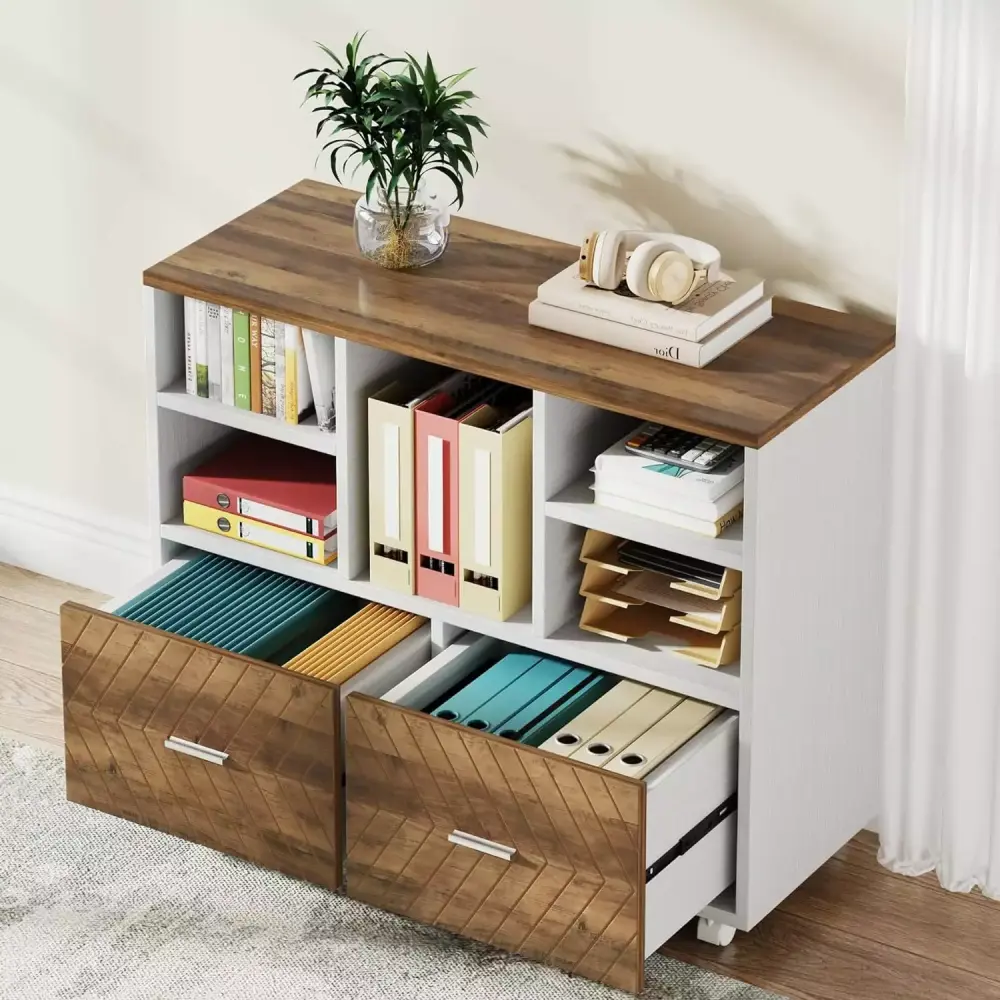 BIZFURN 2-Drawer Wood File Cabinet Mobile Lateral Filing Cabinet Letter Size Files Oak Karo White