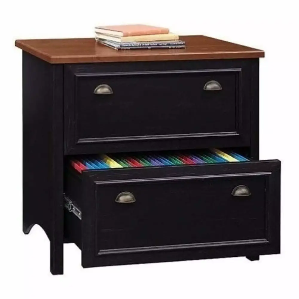 Bowery Hill 2 Drawer Lateral Wood File Cabinet Distressed Black and Cherry Full-Extension Drawers