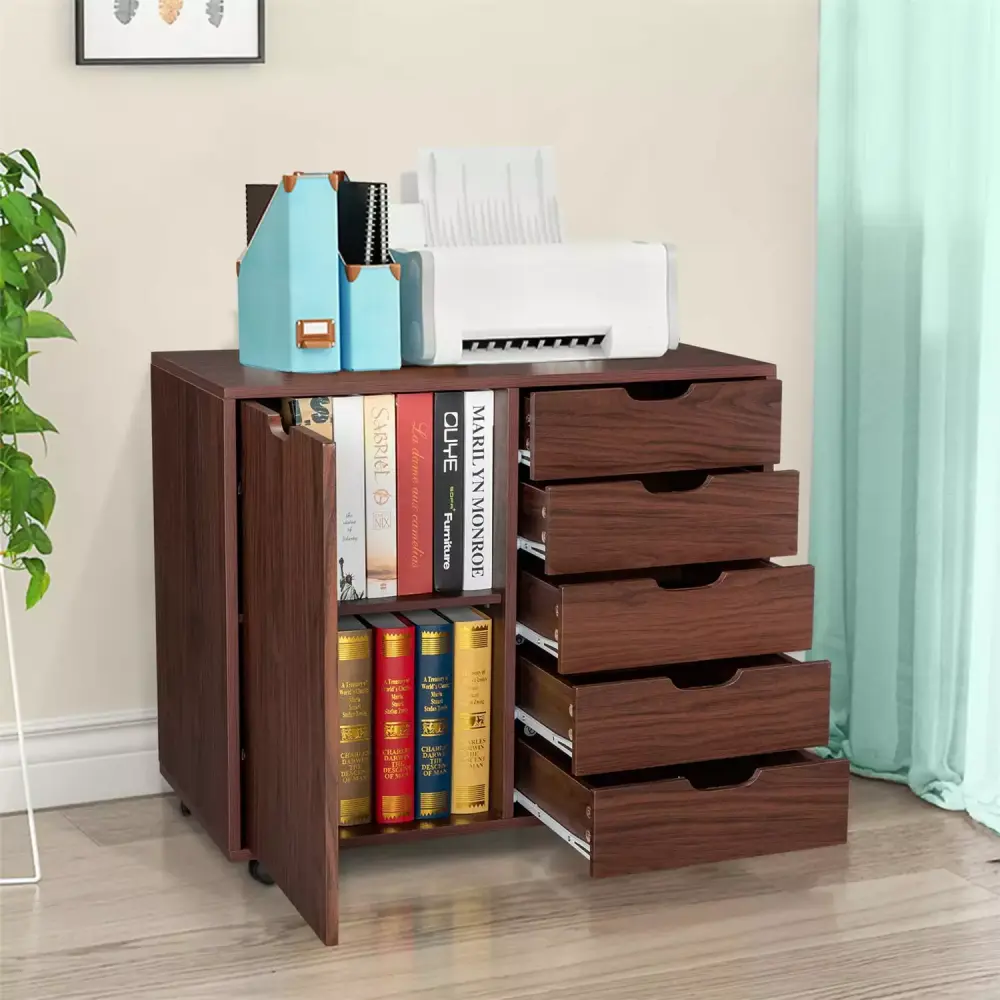 Cozyroom Single Door Five Drawers Wooden Filing Cabinet Dark Brown Wheels cozy.room