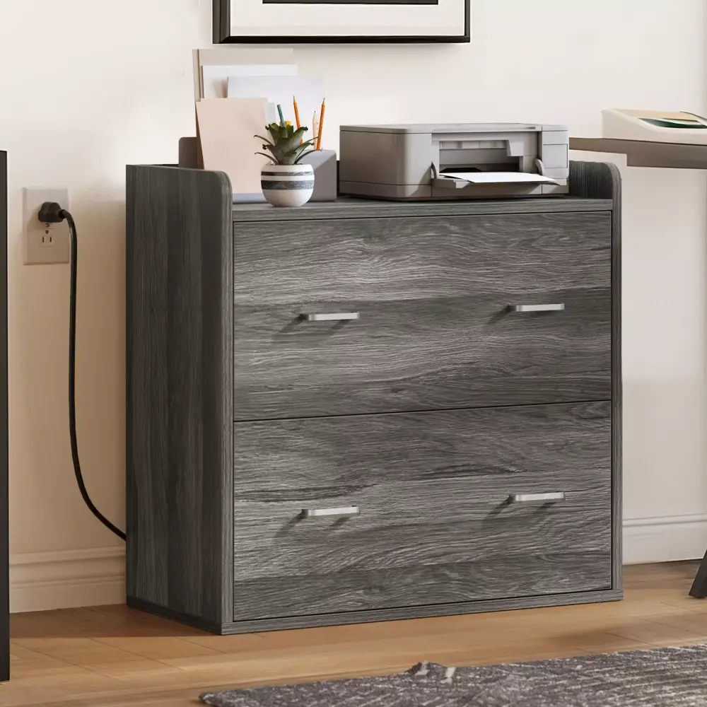 DWVO 2 Drawer File Cabinet Charging Station Wood Lateral Filing Cabinet Gray