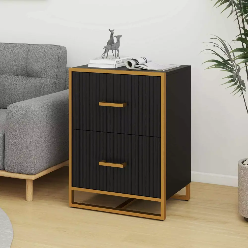 DWVO 2 Drawer File Cabinet Metal Legs Wood Lateral Filing Cabinet Printer Stand Fits A4 Letter Legal Size Files Black Gold