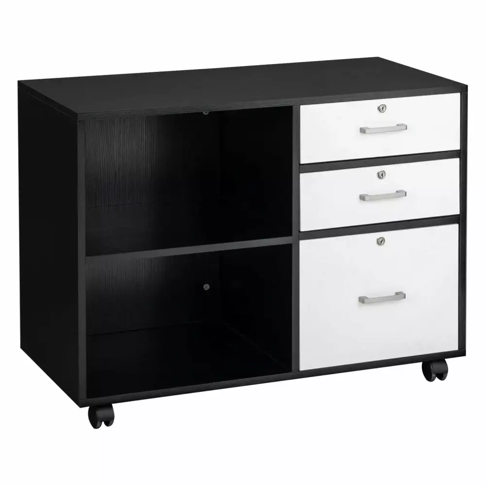Wood File Cabinet 3 Drawer and 2 Open Shelves Office Storage Cabinet Wheel Printer Stand 35.5L x 15.7W x 26H FENG20