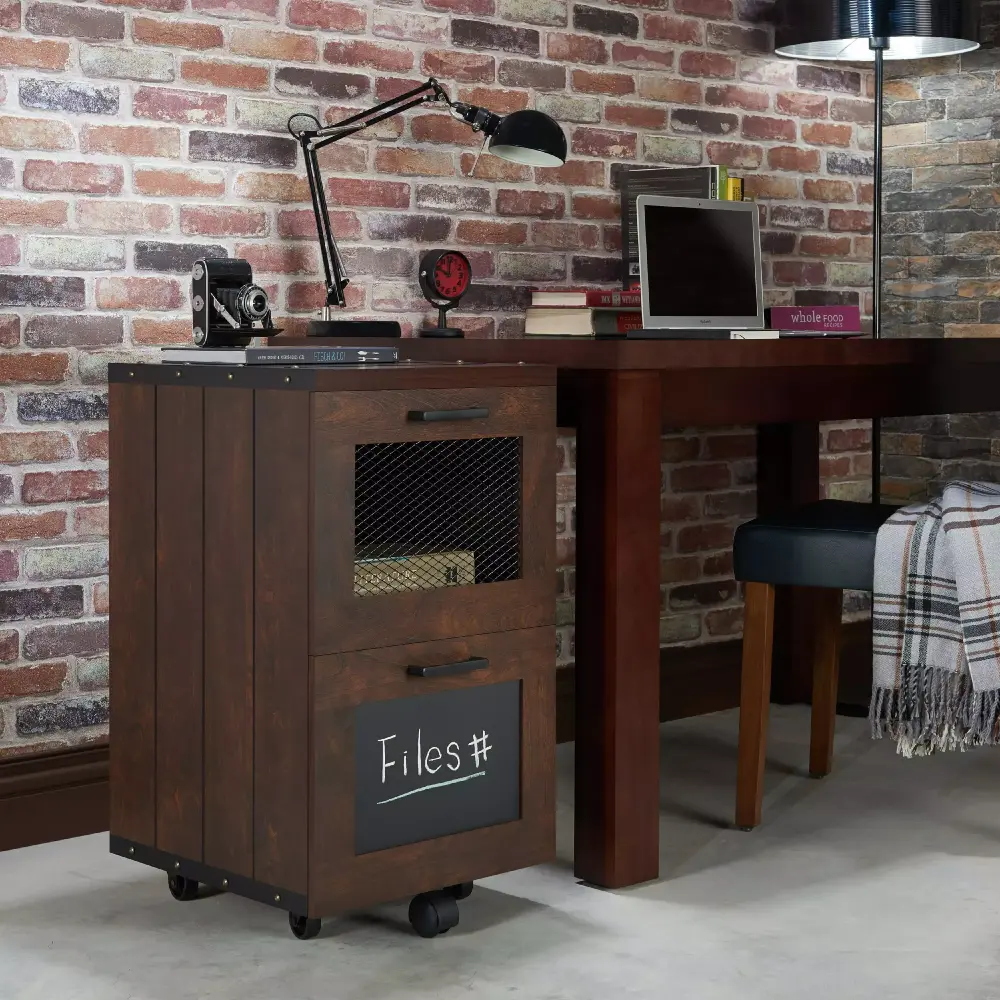 Furniture America Vintage Walnut Gayley Filing Cabinet Casters Office Mobility