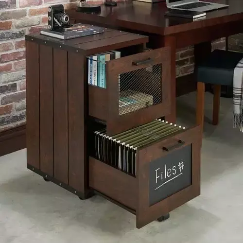 Furniture America Vintage Walnut Gayley Filing Cabinet Casters Office Mobility