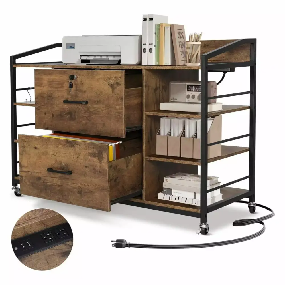 Jiowenm Lateral File Cabinet 2 Drawer 44 Rolling Wood File Cabinet Lock Letter A4 File 6 Storage Shelves Power Strip Rusti...
