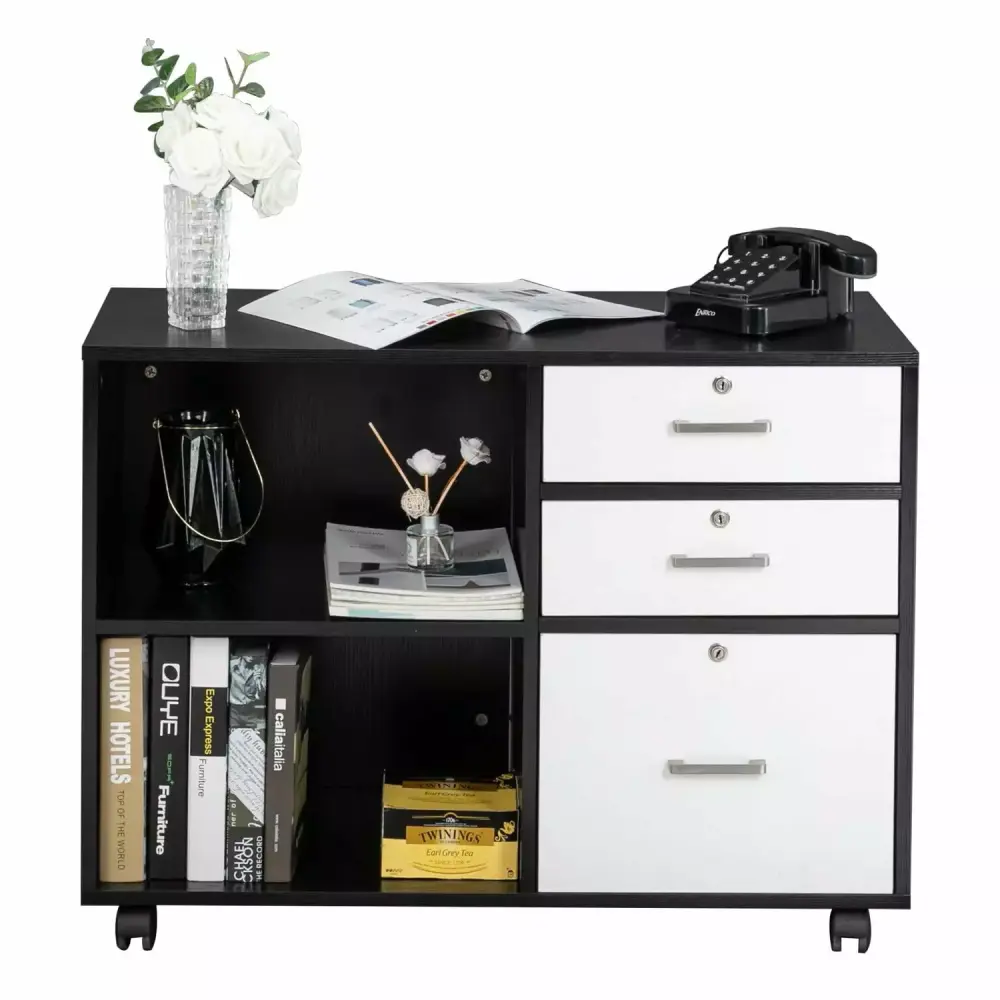 Wood File Cabinet 3 Drawer and 2 Open Shelves Office Storage Cabinet Wheel Printer Stand 35.5L x 15.7W x 26H YANG97