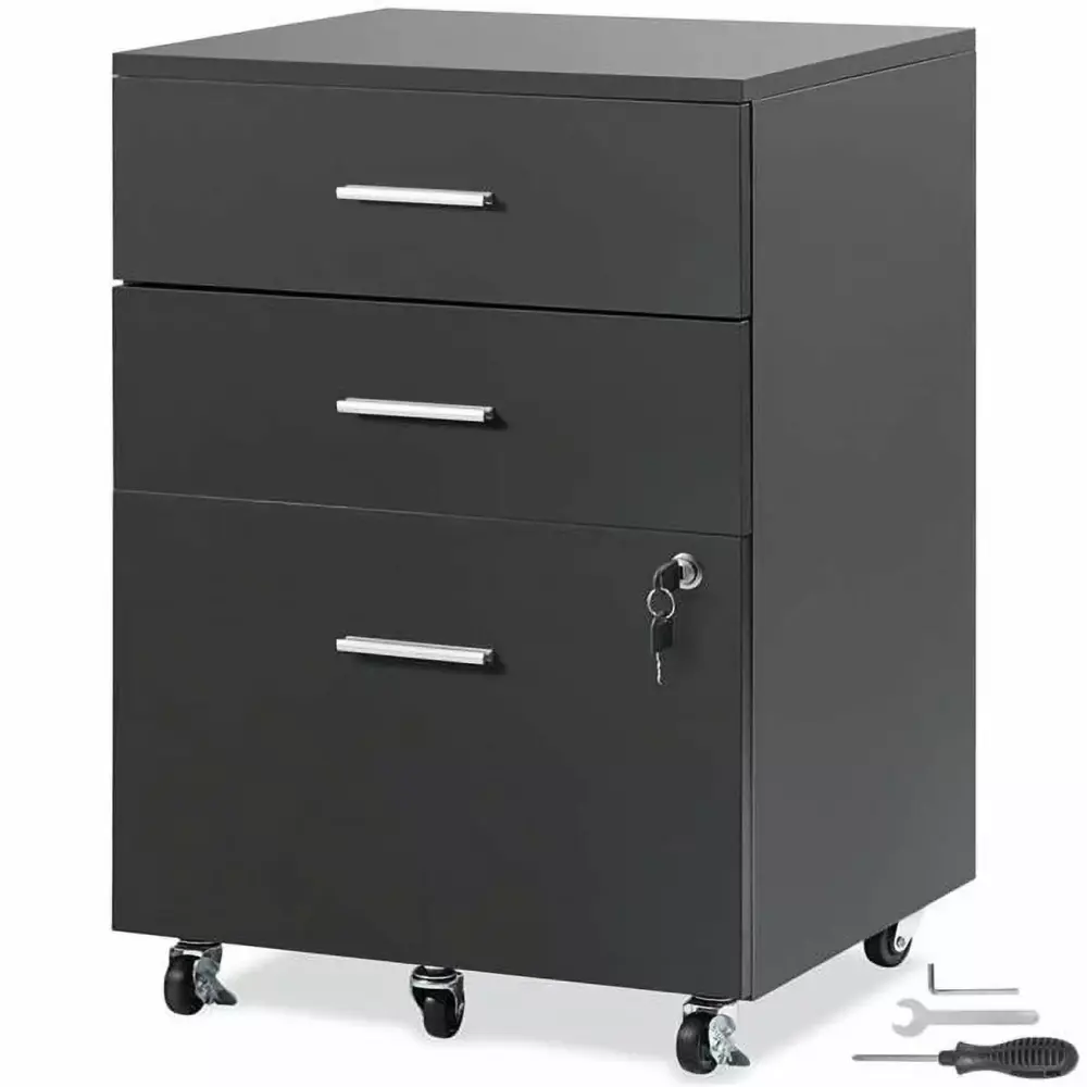 Black 3-Drawer Wood Filing Cabinet Mobile Lateral File Cabinet FurnOrama