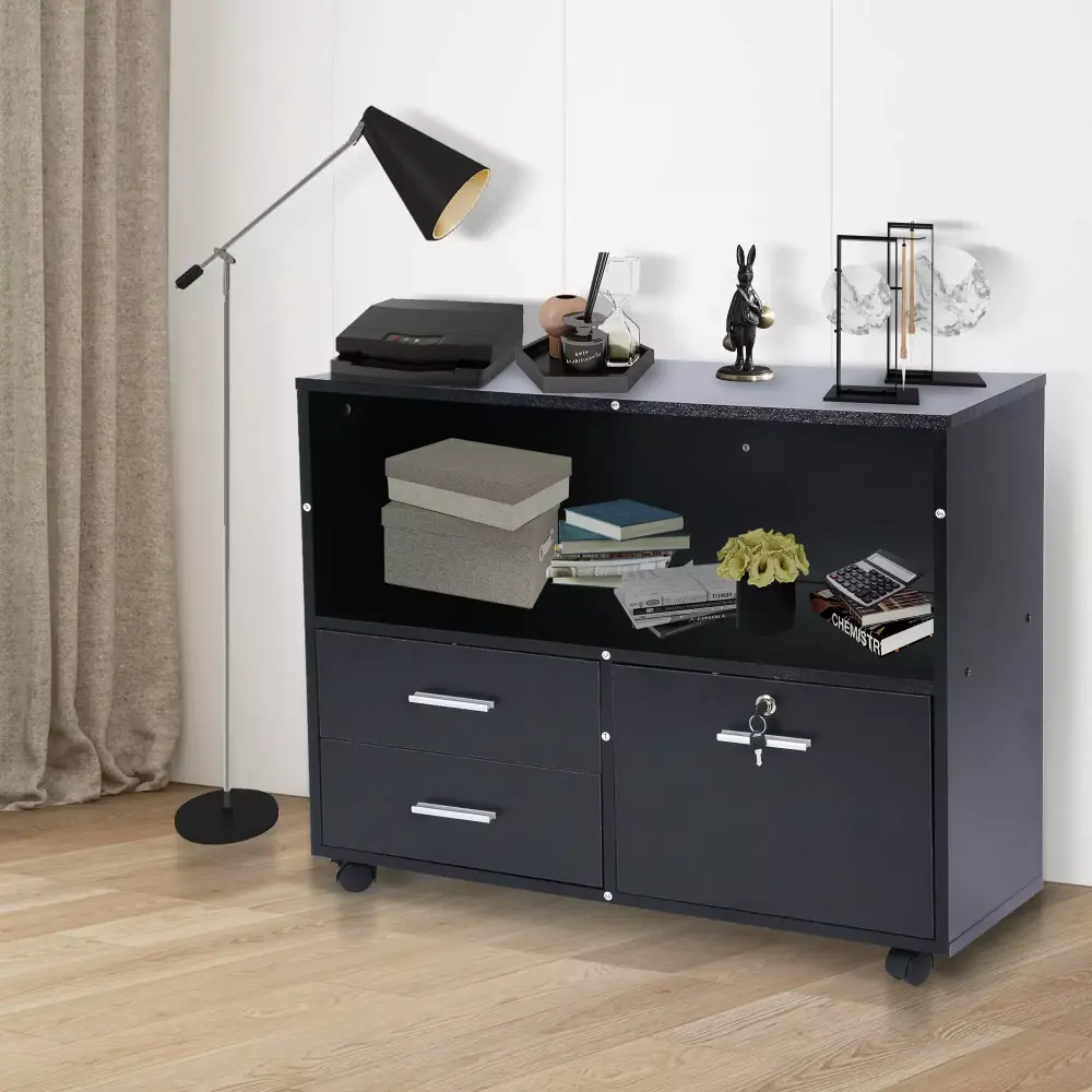 3 Drawer Wood File Cabinet Lock Large Mobile Lateral Filing Cabinet Black CARSTY