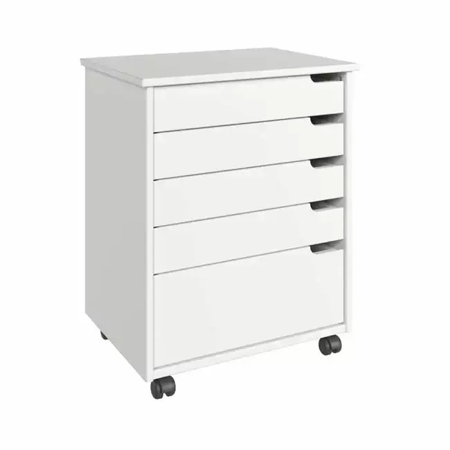 Euro Solid Wood 4 and 1 Drawer Wide Roll Cart White Mobile Storage Gracia