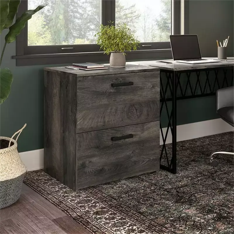 Pemberly Row 2 Drawer Lateral File Cabinet Dark Gray Hickory Wood Office Furniture