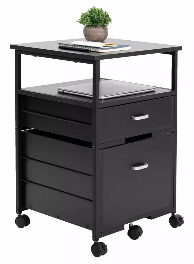 ZanQee Wooden 2 Drawer Mobile Filing Cabinet Anti-Tipping Wheel Black