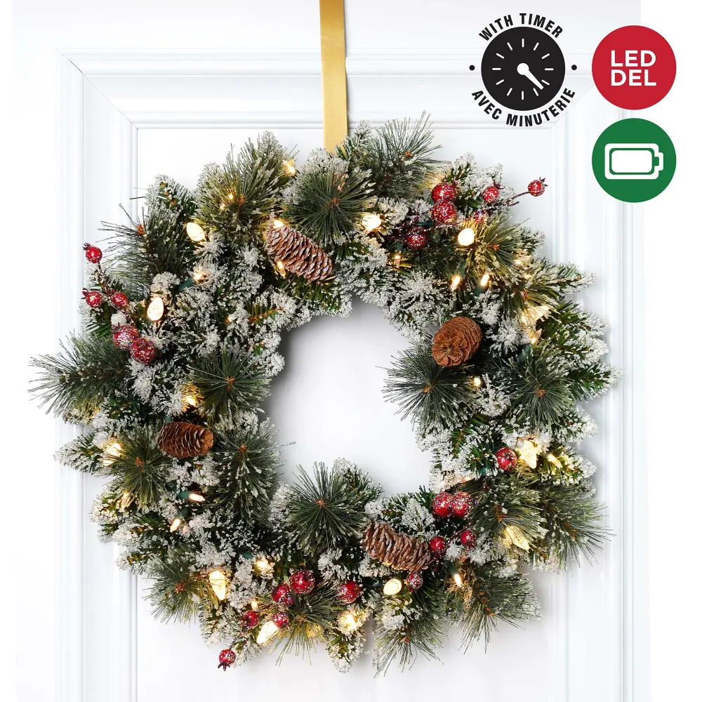 24'' Decorative Pinewood Wreath 120 Tips and 50 Lights, Timer Included