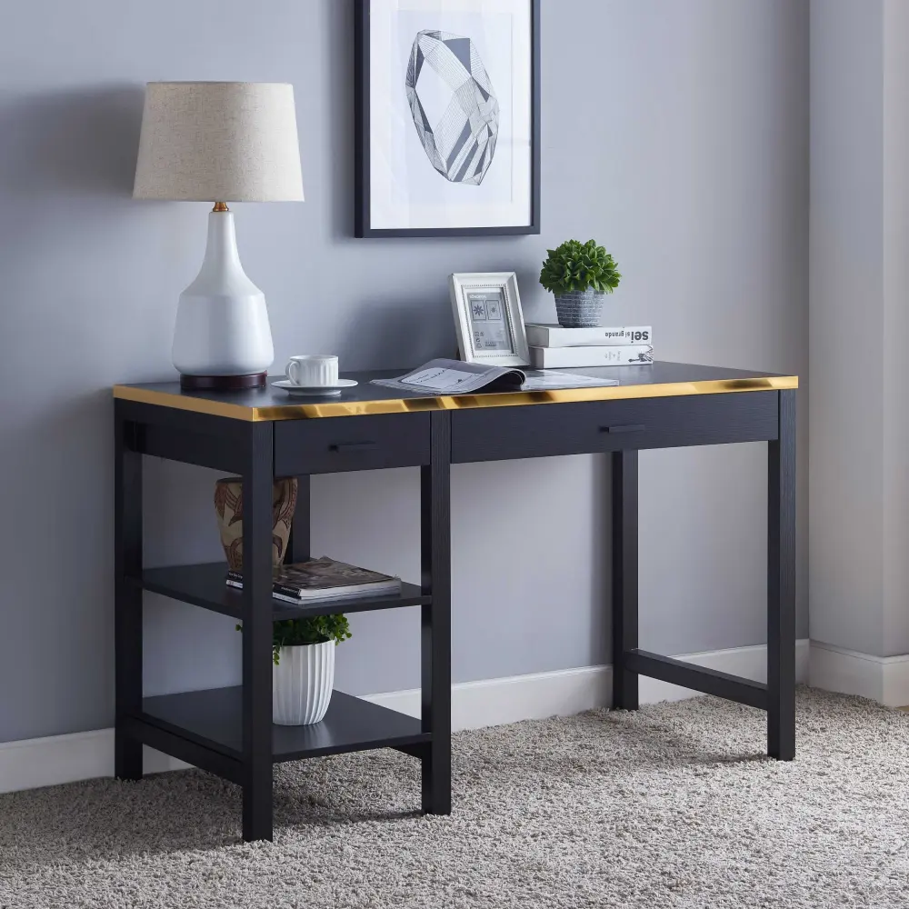 Elegant Black and Gold Office Desk Two Drawers and Bottom Storage id international- inc.